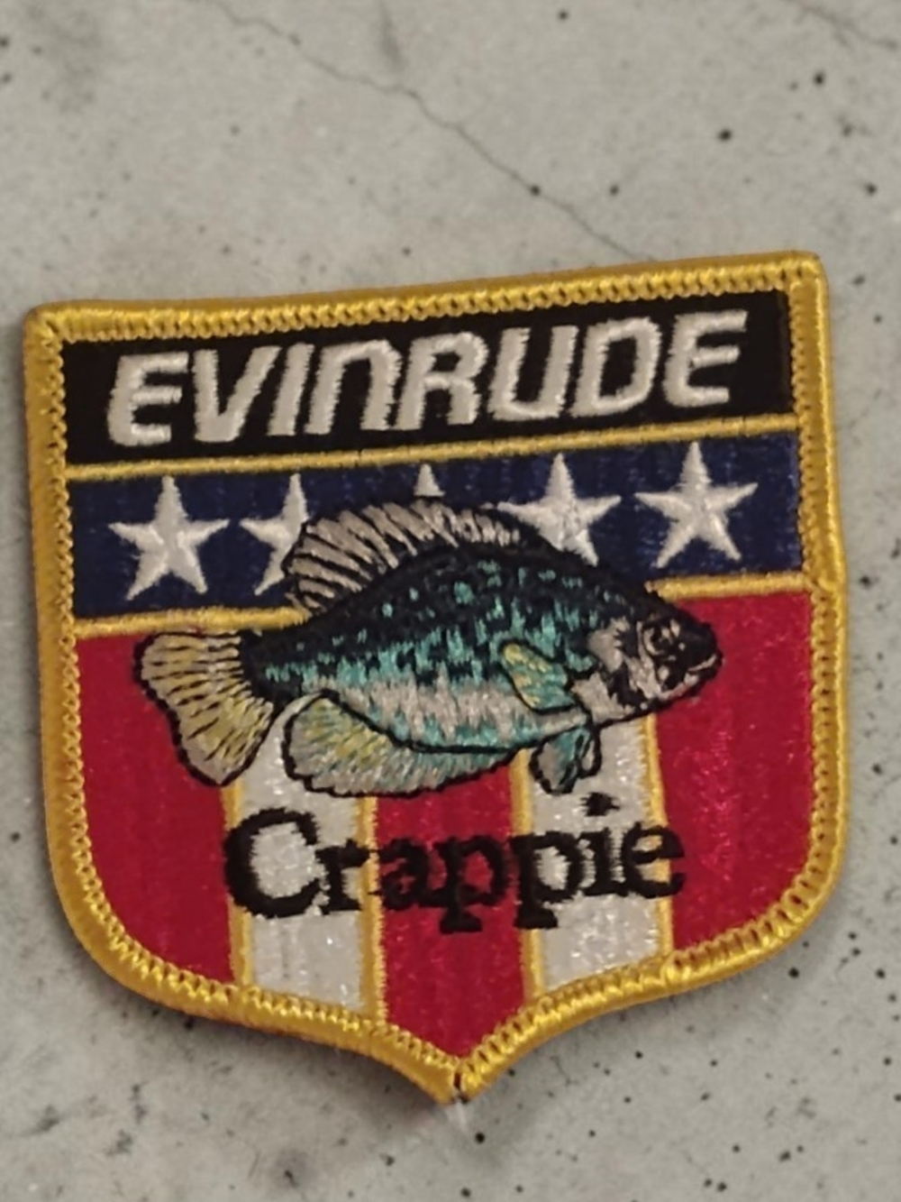 Vintage Evinrude Outboards Crappie Fishing Patch Shield Shape NWOT Americana
